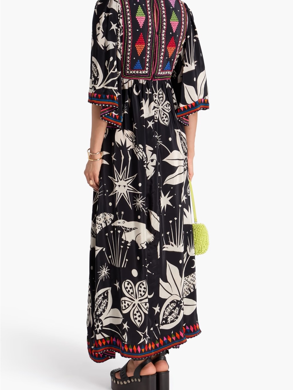 FARM Rio Cerrado Sky Embroidered Beaded Maxi Dress Black Kimono Sleeve Boho M - Picture 4 of 17